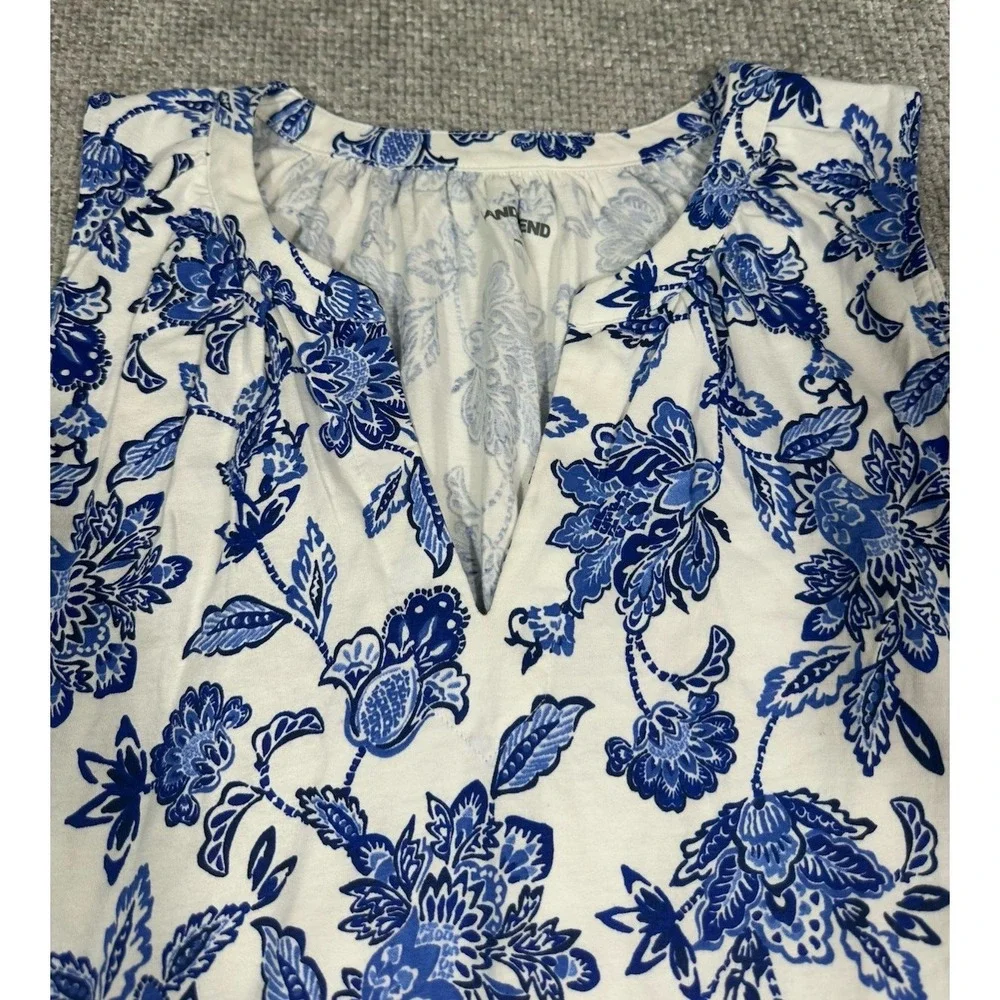 Lands End Dress Womens Large 14/16 Blue White Floral Cotton Flounce Tank Pockets - Picture 5 of 9